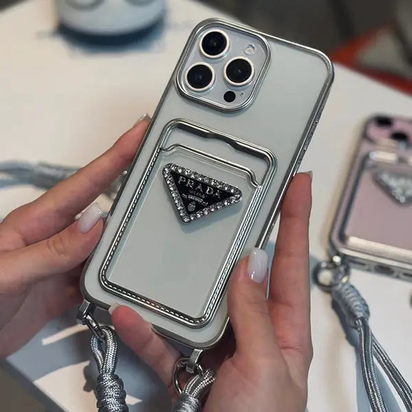 luxury 3d plating silver clear wallet with hand strap for iphone 15 pro max
