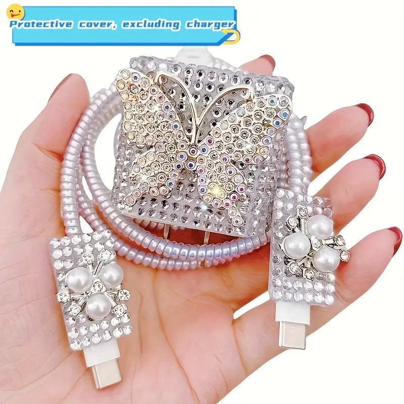 shiny diamond butterfly charger data cable charger protector 5pcs set