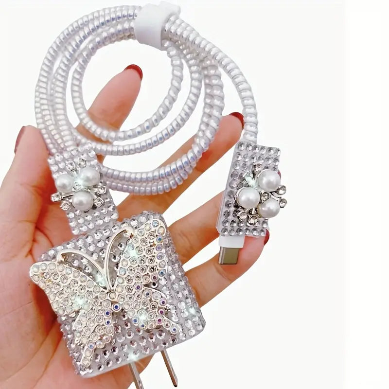 shiny diamond butterfly charger data cable charger protector 5pcs set