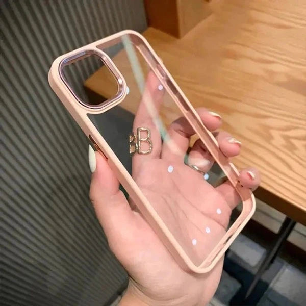 iphone 14 pro max luxury metal camera protection shockproof armor clear case – pink