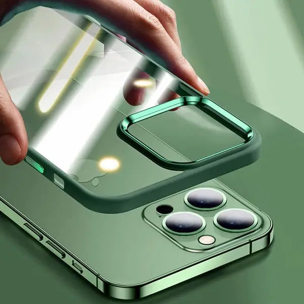 iphone 14 pro max luxury metal camera protection shockproof armor clear case – green
