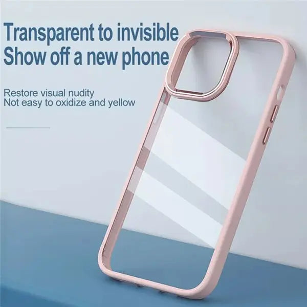 iphone 14 pro max luxury metal camera protection shockproof armor clear case – pink