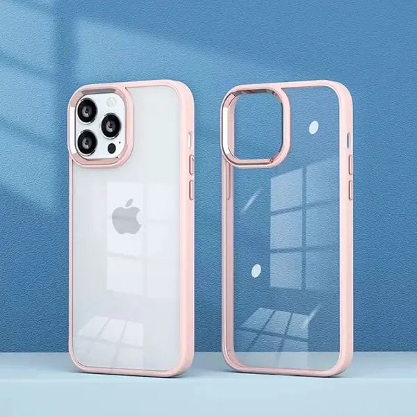 iphone 14 pro max luxury metal camera protection shockproof armor clear case – pink
