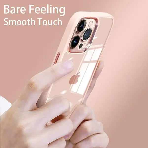 iphone 14 pro max luxury metal camera protection shockproof armor clear case – pink
