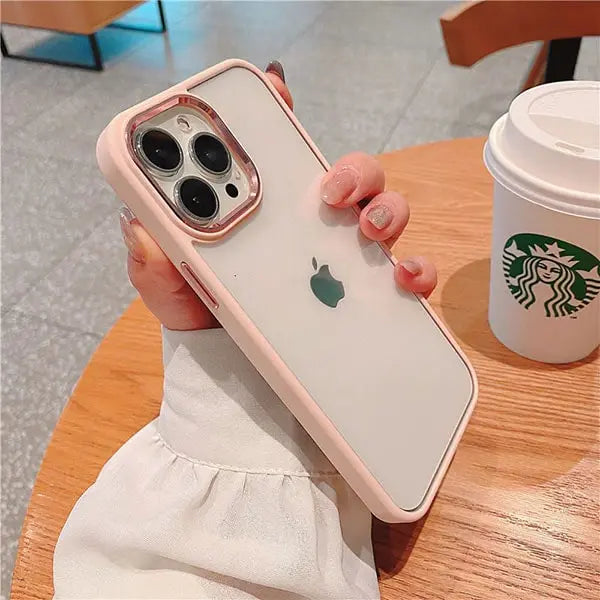 iphone 14 pro max luxury metal camera protection shockproof armor clear case – pink