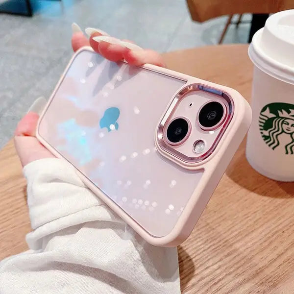 iphone 14 pro max luxury metal camera protection shockproof armor clear case – pink