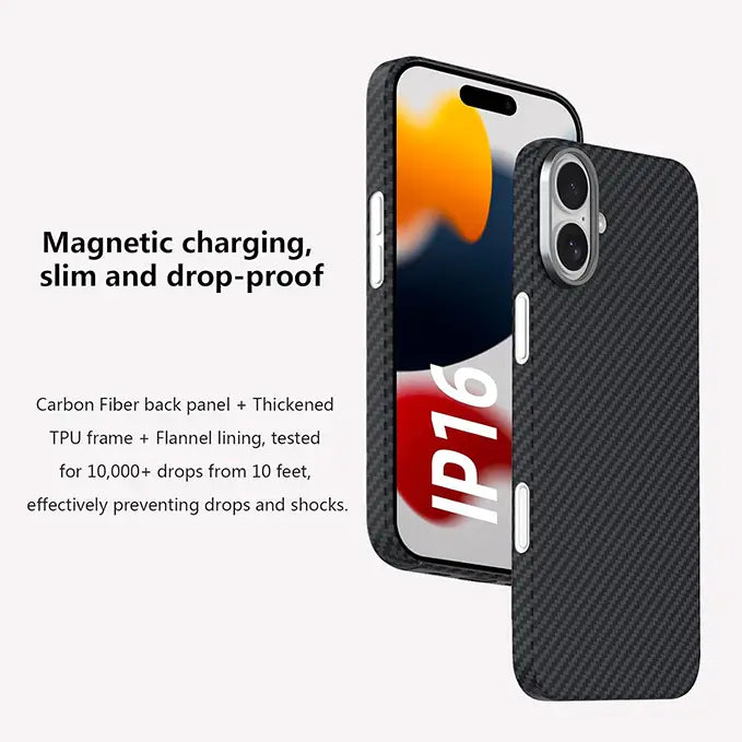 iphone 16 series ultra-slim soft carbon fiber magsafe case with metal frame camera protection