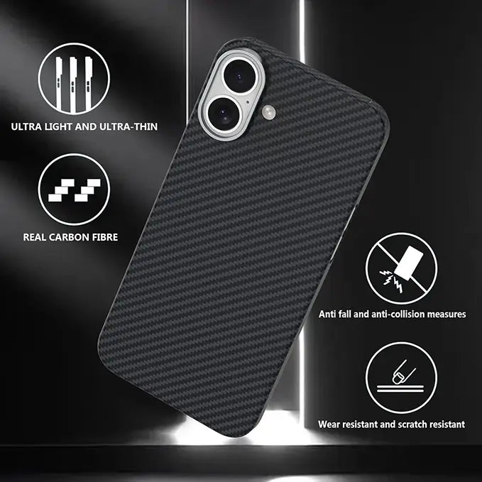 iphone 16 series ultra-slim soft carbon fiber magsafe case with metal frame camera protection