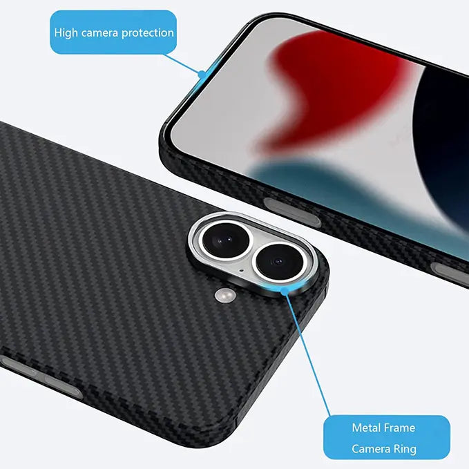iphone 16 series ultra-slim soft carbon fiber magsafe case with metal frame camera protection