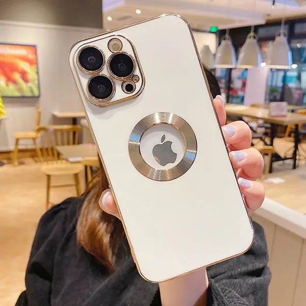 iphone 14 pro max luxury plating camera protection logo cut soft case – white