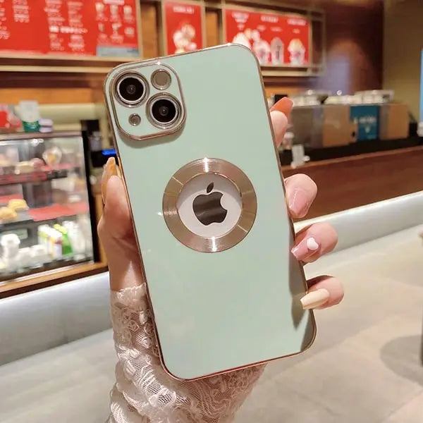 iphone 14 pro max luxury plating camera protection logo cut soft case – sea green