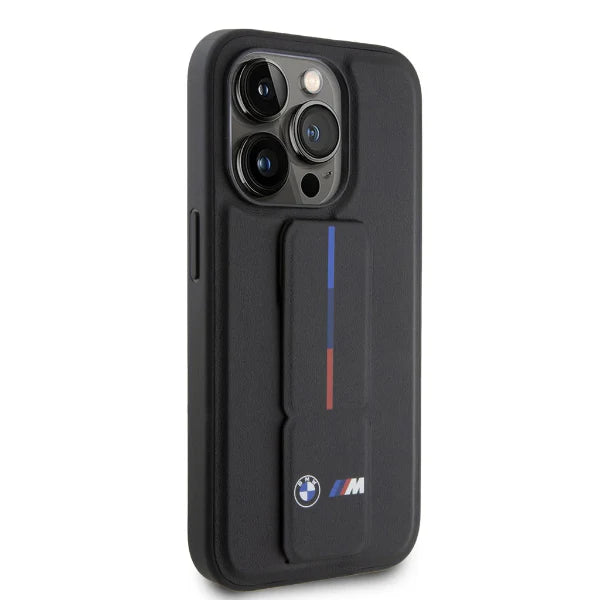 iphone 15 pro bmw black leather case with grip stand
