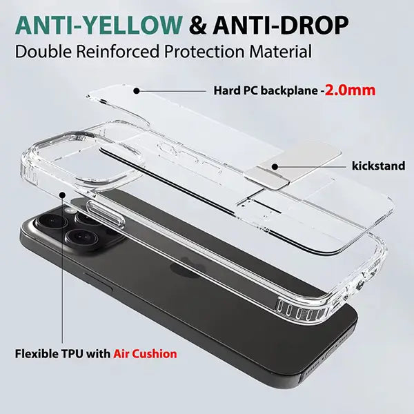 iphone 16 crystal clear military-grade non-yellowing shatter-resistant kickstand case