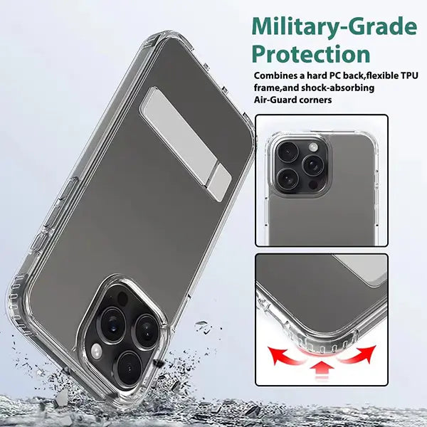 iphone 16 crystal clear military-grade non-yellowing shatter-resistant kickstand case