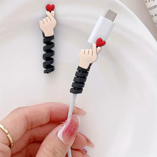 Cute Cartoon Hands & Hearts Design Silicone Gesture Decor Data Cable Protectors