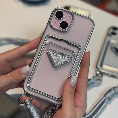 Luxury 3d Plating Silver Clear Wallet with Hand Strap For iPhone 16 Pro