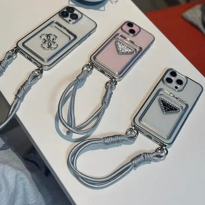 Luxury 3d Plating Silver Clear Wallet with Hand Strap For iPhone 16