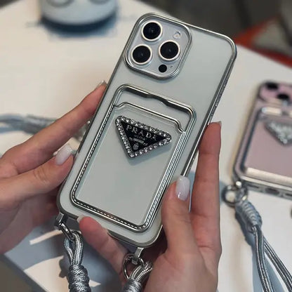 Luxury 3d Plating Silver Clear Wallet with Hand Strap For iPhone 16 Pro