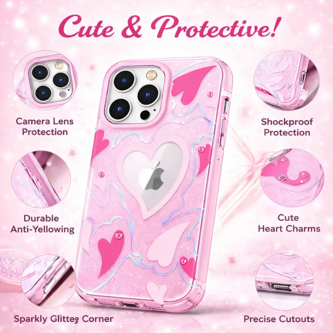 pink heart crystal case for iphone 14 pro max