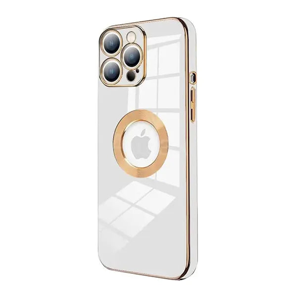 iphone 14 luxury plating camera protection logo cut soft case – white