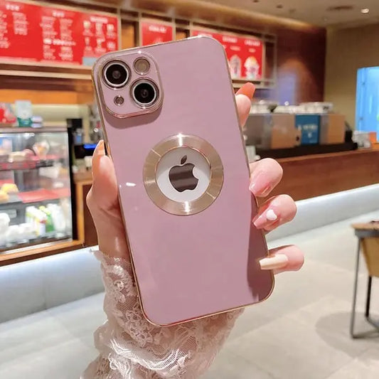 iPhone 14 Pro Max  Luxury Plating Camera Protection Logo Cut Soft Case – Pink