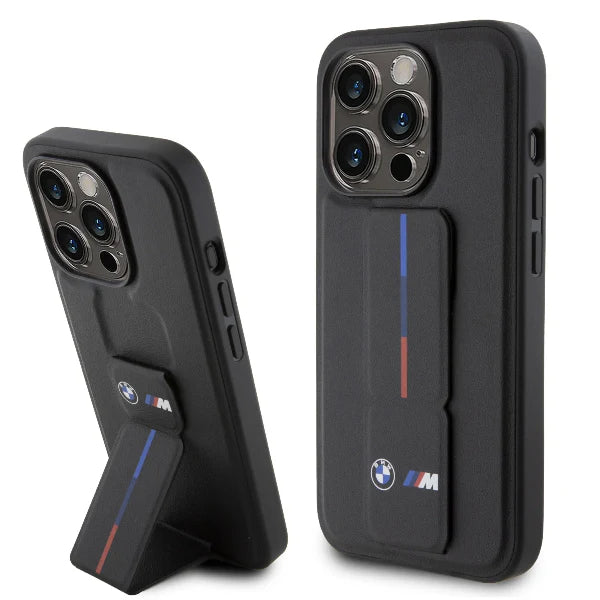 iphone 15 pro max bmw black leather case with grip stand