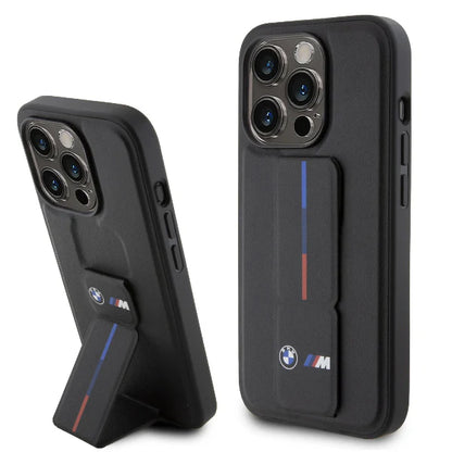 iPhone 15 Pro Max BMW Black Leather Case with Grip Stand