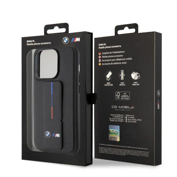 iphone 15 pro max bmw black leather case with grip stand