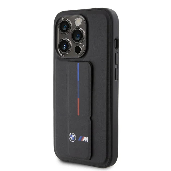 iphone 15 pro max bmw black leather case with grip stand